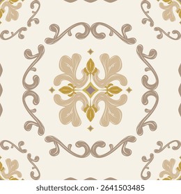 Royal Grandiose Style Filigree Florals Seamless Pattern Golden Brown Fleur de lis Ornament Decoration. Luxury Baroque Detailed on Cream Background for Interior Floor Tiles Ceramic Mosaic Embroidery 