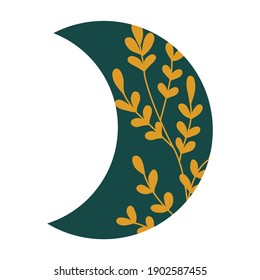 Royal green crescent moon phase with golden lace floral ornament. Design element for logos icons. Vector illustration. Modern Boho style doodle art svg