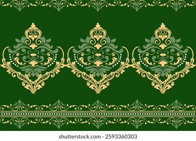 Royal green and gold damask border pattern with intricate floral elements. Perfect for luxury branding, fabric prints, and event design. Seamless vector for endless creativity.