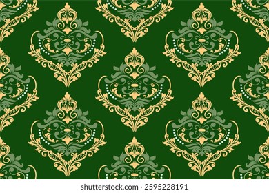 Royal green and gold damask pattern with intricate floral elements. Perfect for luxury branding, fabric prints, and event design. Seamless vector for endless creativity.