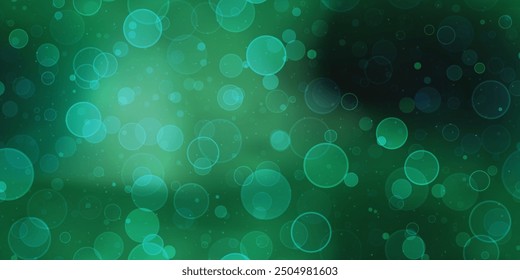 Royal green gradient mesh seamless bg with circle pattern. Blurred moss wallpaper with bokeh. Abstract vector illustration
