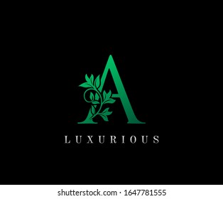 Royal Green letter A. Graceful royal style. Calligraphic beautiful logo. Vintage drawn emblem for book design, florist, brand name, business card, Restaurant, Boutique, Hotel. 