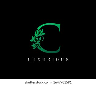 Royal Green letter C. Graceful royal style. Calligraphic beautiful logo. Vintage drawn emblem for book design, florist, brand name, business card, Restaurant, Boutique, Hotel. 