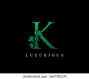 Royal Green letter K. Graceful royal style. Calligraphic beautiful logo. Vintage drawn emblem for book design, florist, brand name, business card, Restaurant, Boutique, Hotel. 