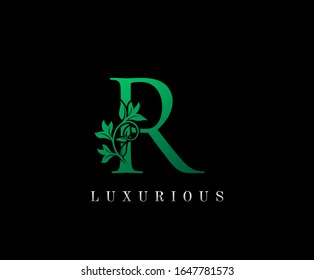 Royal Green letter R. Graceful royal style. Calligraphic beautiful logo. Vintage drawn emblem for book design, florist, brand name, business card, Restaurant, Boutique, Hotel. 