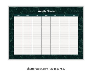 Royal green vector weekly planner design template. Elegant floral leaves organizer and notepad. Week calendar schedule printable to-do list.