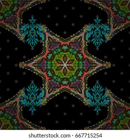 Royal green and yellow seamless pattern on a black background. Luxury ornament for wallpaper, invitation, wrapping. Vector illustration.