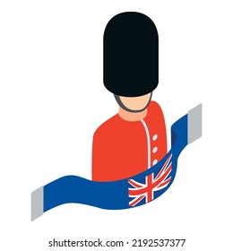 Royal Guard Icon Isometric Vector. British Soldier In Red Uniform And Uk Flag. Honor Guard, Tradition, Culture, History