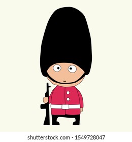 Royal guard soldier in red uniform and black bear hat with arms in his hands. Cartoon vector illustration isolated on white background. Cute british military man.