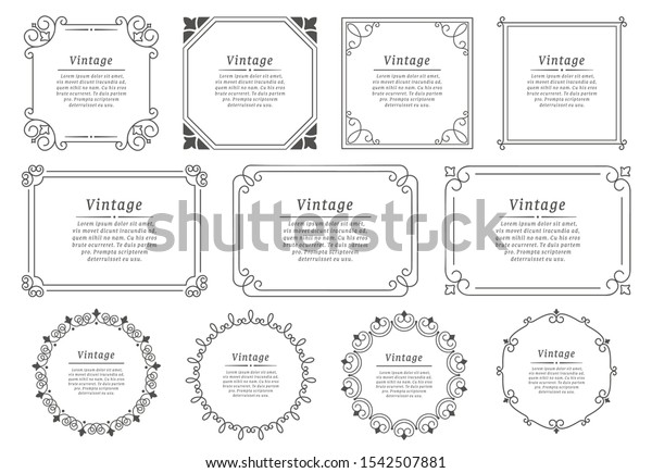 Royal hand drawn text frame. Retro elegant graphic\
frame, vintage ornamental border and decorative book emblem.\
Birthday or wedding victorian invitation divider. Certificate\
isolated vector icons\
set