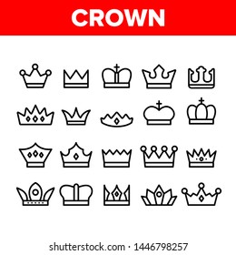 Royal Headwear, Crowns And Tiaras Vector Icons Set. Luxury Of The Monarch Family, Generation. Golden Crown With Jewels And Decoration Outline. Antique, Medieval Authority Symbol Thin Line Illustration