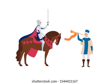 Royal herald with trumpet and knight on horse flat vector illustration. Medieval cartoon characters. Cavalier and old time messenger isolated on white. Fairytale, fantasy personages.