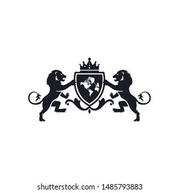 Royal Heraldic Black With Crown Shield Lions Logo Template