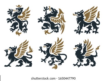 Royal heraldic black and gold griffin set isolated on white