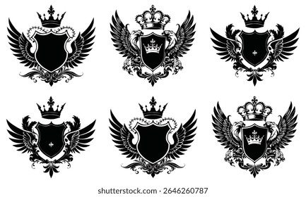 Royal Heraldic Crest Vetor Set com coroas, asas, escudos e leões Vintage emblema Design Collection para logotipos e branding, escudo de vetor eps, preto e branco escudo vetor