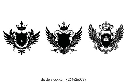 Royal Heraldic Crest Vetor Set com coroas, asas, escudos e leões Vintage emblema Design Collection para logotipos e branding, escudo de vetor eps, preto e branco escudo vetor