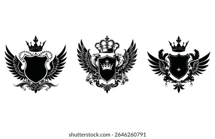Royal Heraldic Crest Vetor Set com coroas, asas, escudos e leões Vintage emblema Design Collection para logotipos e branding, escudo de vetor eps, preto e branco escudo vetor