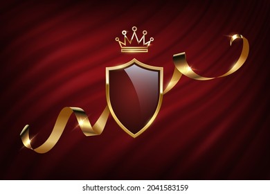 Royal heraldic emblem on curtain vector illustration. Realistic 3d vintage medieval blazon from metal shield with gold frame, golden crown, ribbon on classic red curtain or cloak mantle background