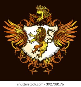Royal heraldic emblem with wings shield crown and lion golden on black icon poster print vector illustration 