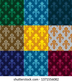 Royal Heraldic Lilies (Fleur de lis) -- Rich colorful wallpaper, fabric textile, seamless pattern, set of 9 versicolored tiles.