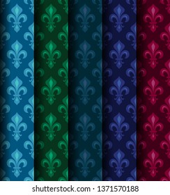 Royal Heraldic Lilies (Fleur de lis) -- Rich colorful wallpaper, fabric textile, seamless pattern, set of 5 versicolored rolls.