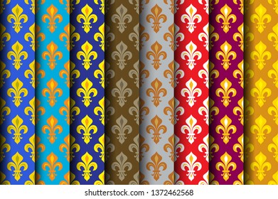 Royal Heraldic Lilies (Fleur de lis) -- Rich colorful wallpaper, fabric textile, seamless pattern, set of 8 versicolored rolls.