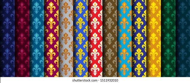 Royal Heraldic Lilies (Fleur de lis) — Rich colorful wallpaper, fabric textile, seamless pattern, set of 13 versicolored rolls.