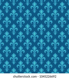 Royal Heraldic Lilies (Fleur-de-lis) — azure cerulean blue sky velvet, seamless pattern, wallpaper background.