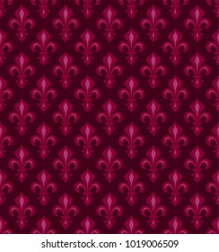 Royal heraldic Lilies (Fleur-de-lis) — Dark cherry Red velvet, seamless pattern, wallpaper background.