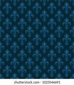 Royal heraldic Lilies (Fleur-de-lis) — dark blue velvet, seamless pattern, wallpaper background.