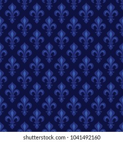 Royal Heraldic Lilies (Fleur-de-lis) — dark night violet velvet, seamless pattern, wallpaper background.