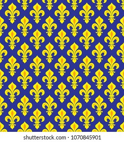 Royal Heraldic Lilies (Fleur-de-lis) — 
dark blue yellow/violet velvet, seamless pattern, wallpaper background.