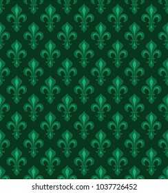 Royal Heraldic Lilies (Fleur-de-lis) — emerald virid green velvet, seamless pattern, wallpaper background.