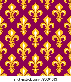 Royal heraldic Lilies (Fleur-de-lis) — purple and gold, seamless pattern, wallpaper background.