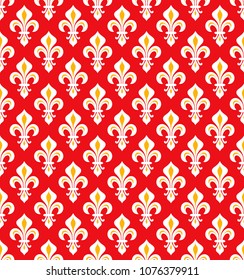 Royal Heraldic Lilies (Fleur-de-lis) — 
Red cinnabar vermillion scarlet velvet, seamless pattern, wallpaper background.