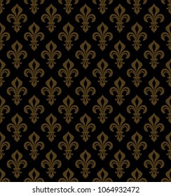 Royal Heraldic Lilies (Fleur-de-lis) — 
Rich black golden bronze copper velvet, seamless pattern, wallpaper background.