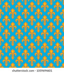 Royal Heraldic Lilies (Fleur-de-lys) — 
azure cerulean cyan & fleur d’orange joyeux, seamless velvet pattern, wallpaper background.