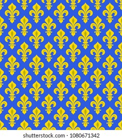 Royal Heraldic Lilies (Fleur-de-lys) — 
azure cerulean bleu, seamless velvet pattern, wallpaper background.