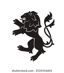 Real león heráldico. Silueta negra de león rampante con melena para escudo de armas o logotipo de lujo. Símbolo de animal salvaje de Premium para marca o cresta. Ilustración vectorial plana aislada sobre fondo blanco