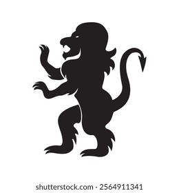 Royal heraldic lion. Black silhouette of rampant lion and griffins for logo or coat of arms