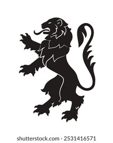 Real león heráldico. Premium silueta negra de león salvaje para logo o escudo de armas. Símbolo de lujo de animal majestuoso para la cresta. Ilustración vectorial plana aislada sobre fondo blanco