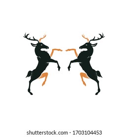 Royal heraldic Two noble deers standing. Vintage black design of heraldry animals vector emblem. Heraldic elements for your design, engraving, retro style. Deer animals logo design, heraldic crest.