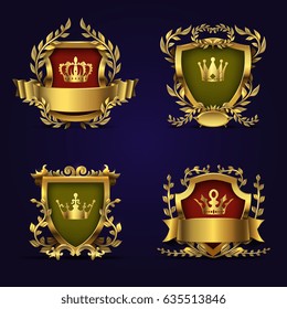 Emblemas vectoriales reales de estilo victoriano con corona dorada, corona de escudo y laurel