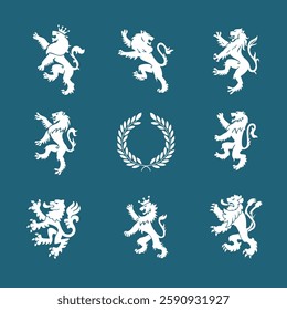 Royal heraldic white lions set isolated on blue