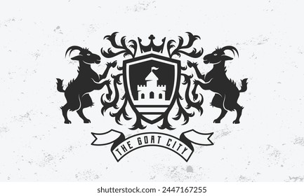 Royal heraldry emblem. Heraldic crest template logo with standing Goats and floral ornament. Modern design poster. Label, badge, emblem for Coat of Arms. Luxury logo, crest. Vector illustration