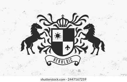 Royal heraldry emblem. Heraldic crest template logo with standing horses and floral ornament. Modern design poster. Label, badge, emblem for Coat of Arms. Luxury logo, crest. Vector illustration