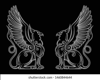 Royal heraldry gryphon mythical creature power and strength symbol vector eagle head lion body bird wings heraldic emblem legendary beast monarchy vulture mystic coat of arms symbol.