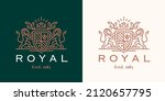 Royal heraldry lion crest logo. Gold heraldic shield line icon. Luxury vintage coat of arms symbol. Vector illustration.