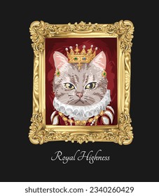 royal highness slogan with medieval royal king cat in vintage golden frame vector illustration