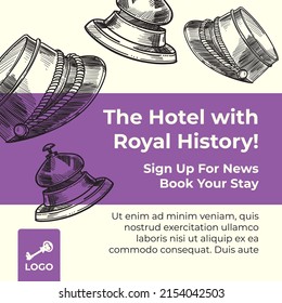Royal history of hotel, sign up for news book your stay in accommodation. Luxurious architecture and classic design of building. Advertisement and marketing banner or poster. Vector in flat style